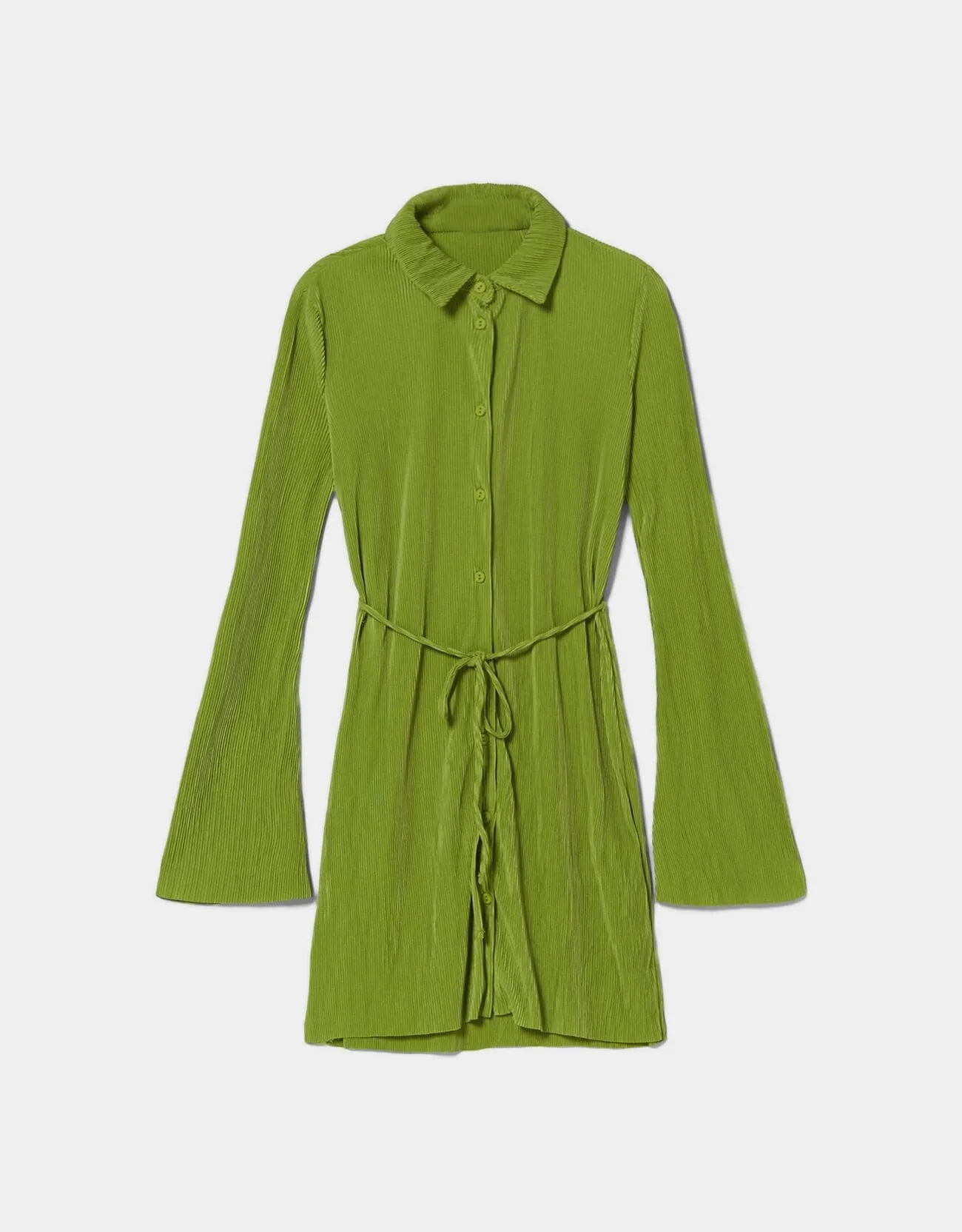 Plissiertes Minikleid mit langen Ärmeln und Gürtel · Salbeigrün