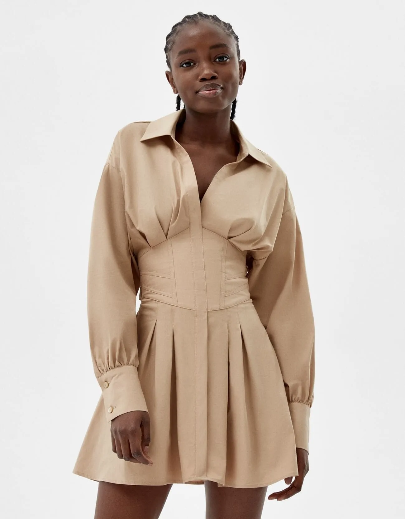 Minihemdkleid aus Popelin mit Corsage-Detail · Camel