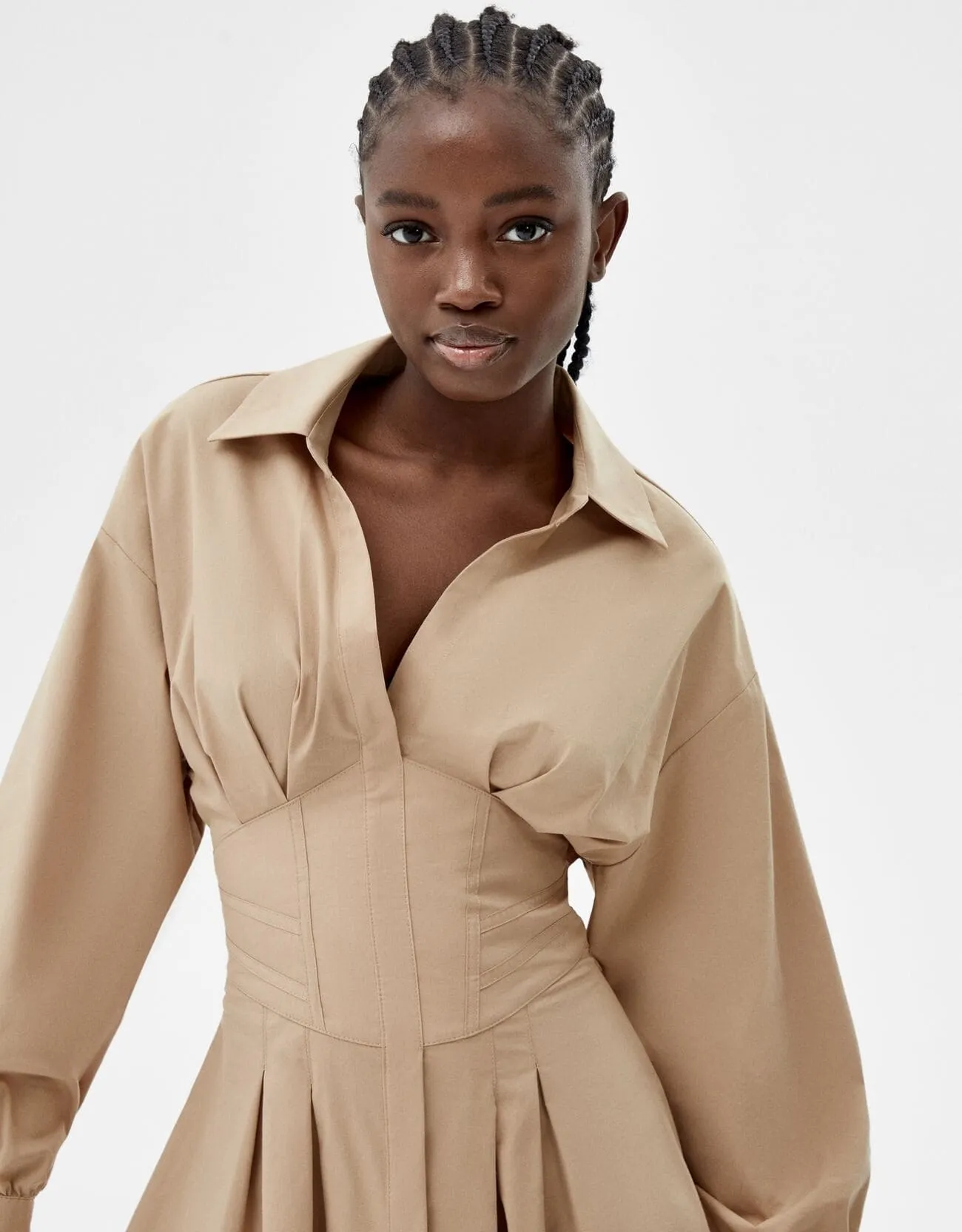 Minihemdkleid aus Popelin mit Corsage-Detail · Camel