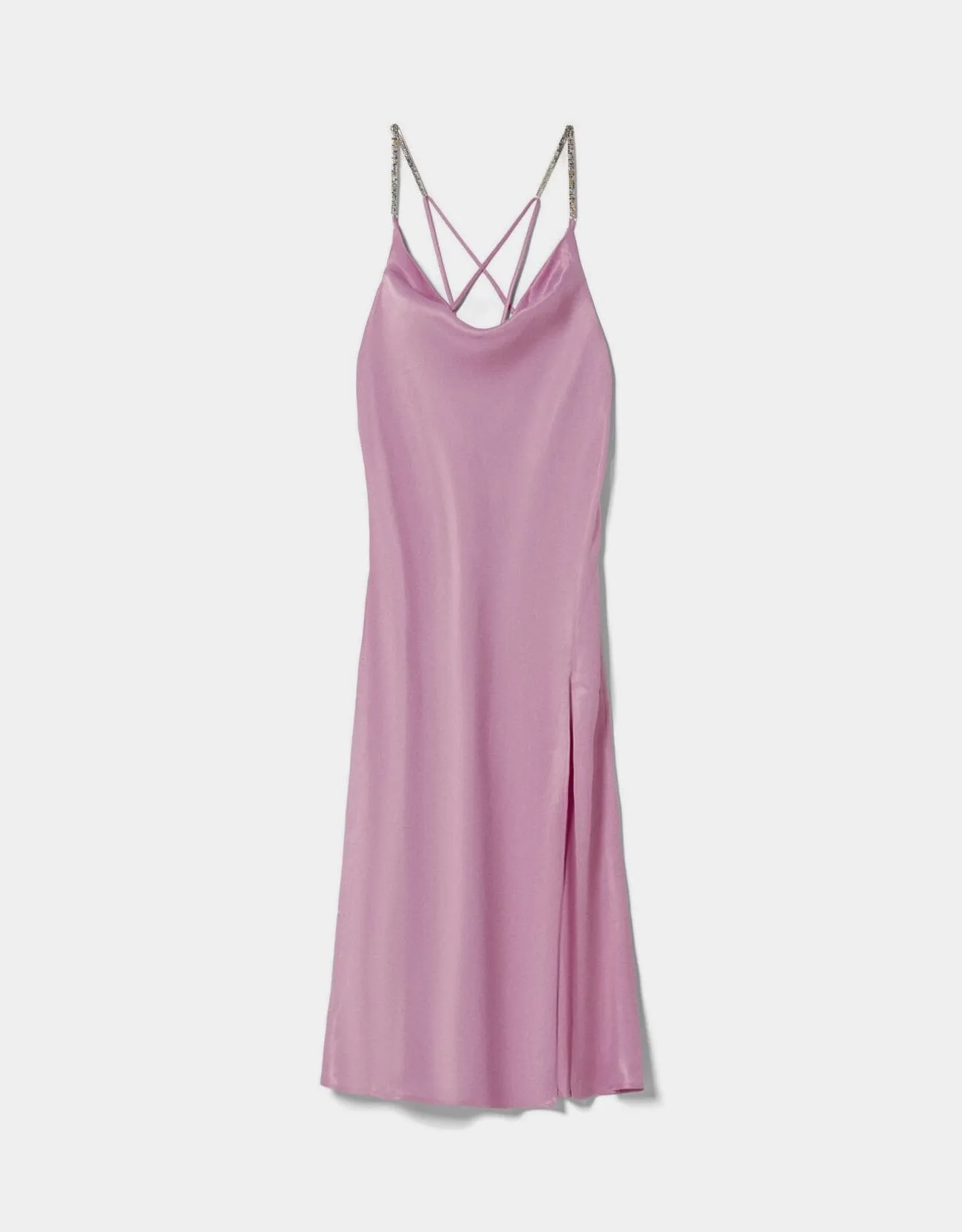 Satiniertes Midikleid mit Trägern und Strass · Flieder