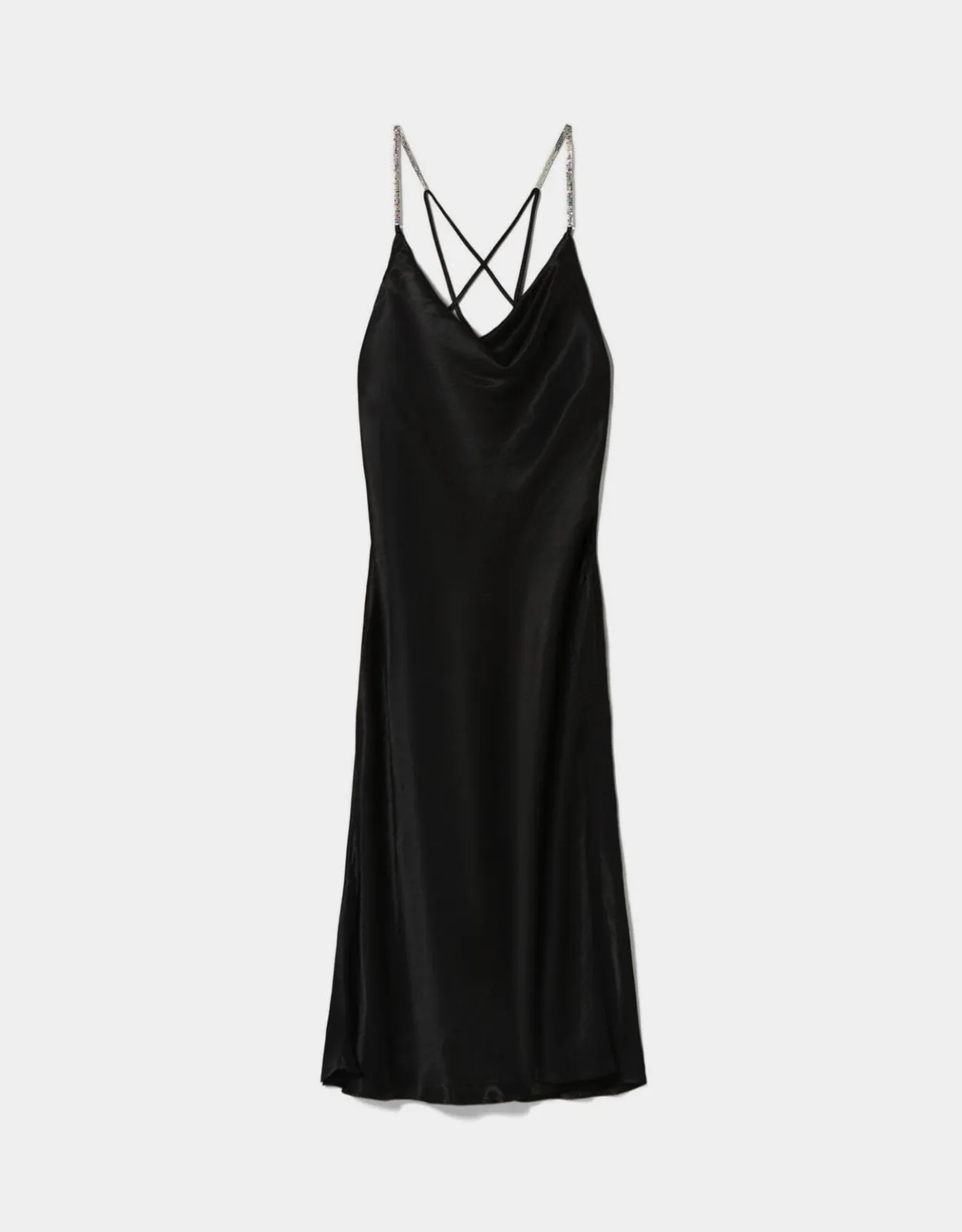 Satiniertes Midikleid mit Trägern und Strass