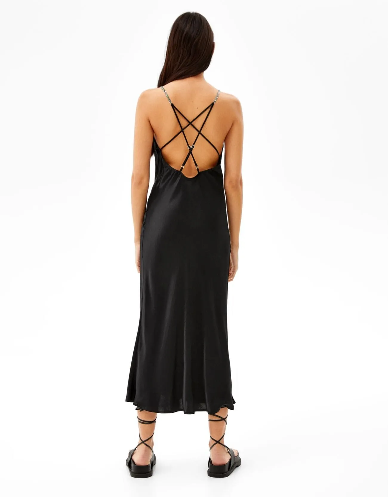 Satiniertes Midikleid mit Trägern und Strass · Schwarz