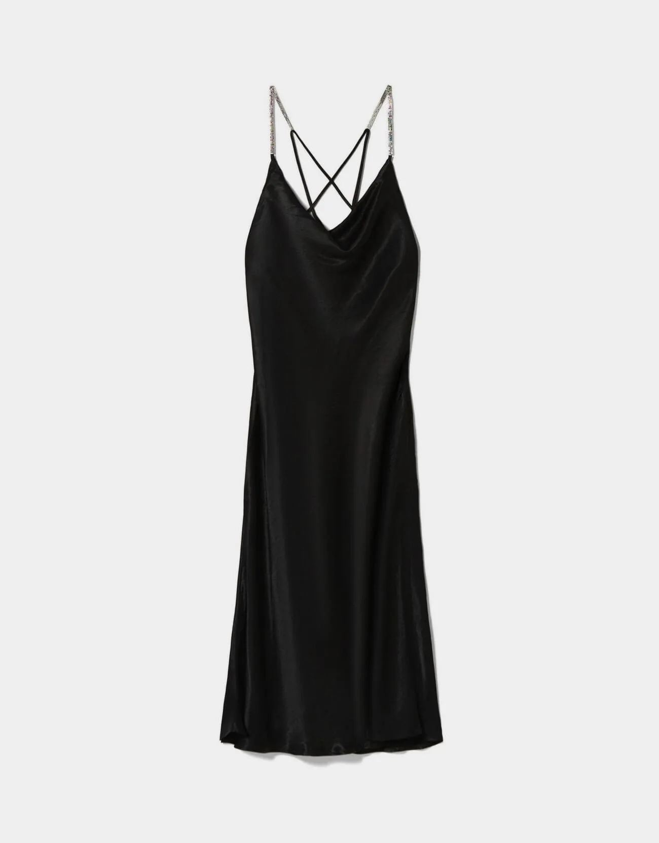 Satiniertes Midikleid mit Trägern und Strass · Schwarz
