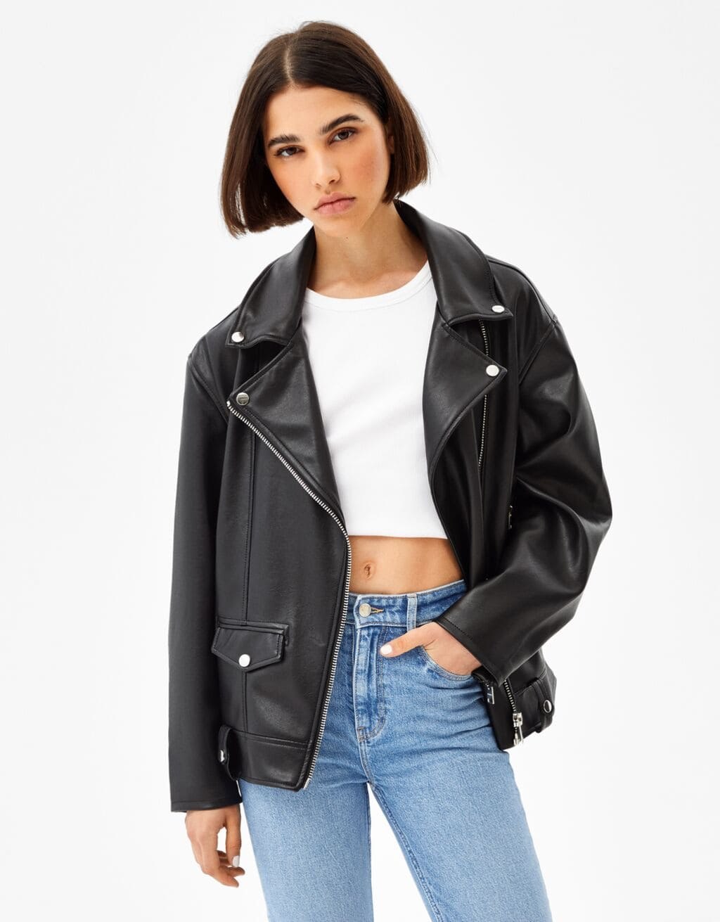 Oversize-Bikerjacke aus Kunstleder · Schwarz