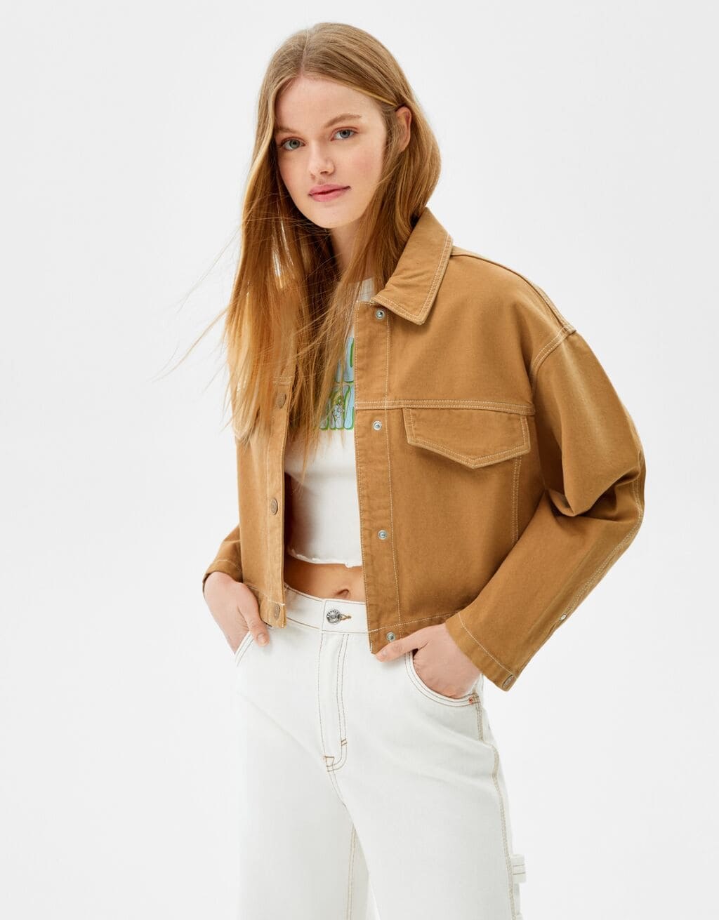 Truckerjacke aus Baumwolle mit Kontrastfarbe · Camel
