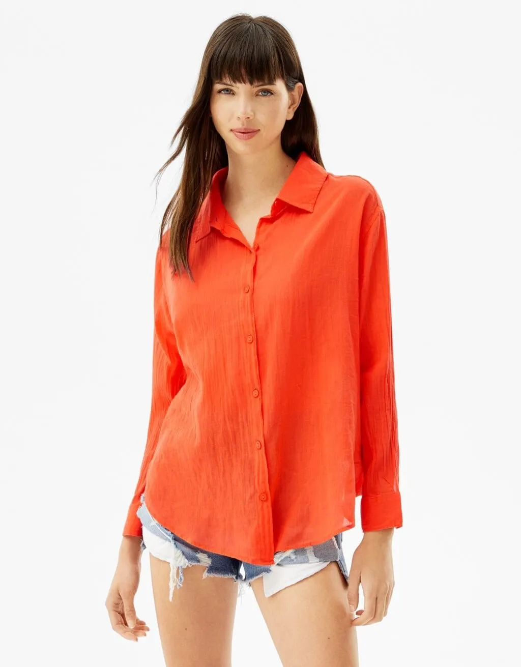Oversize-Langarmhemd im rustikalen Look · Rot
