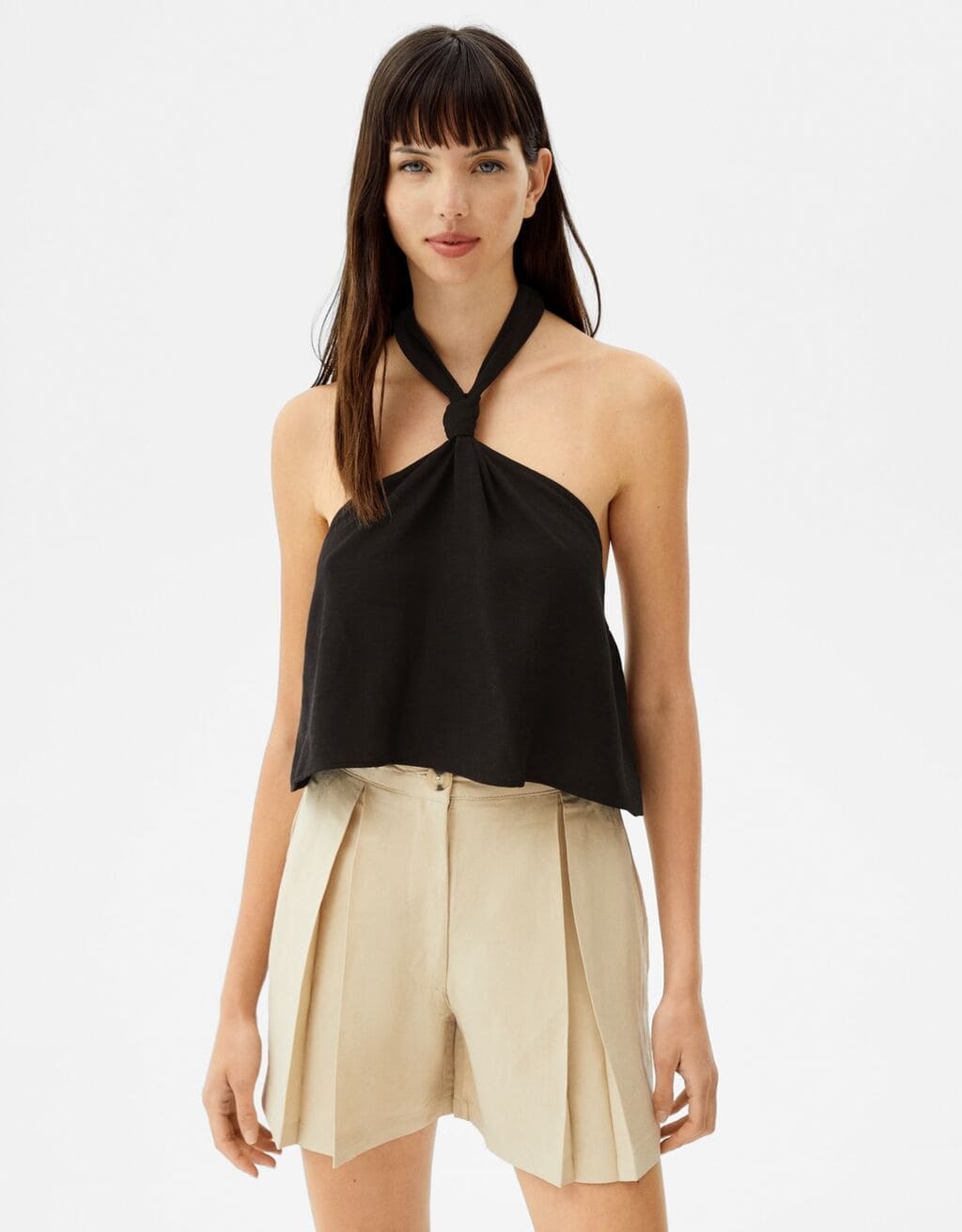 Cropped-Leinentop mit Neckholder · Schwarz