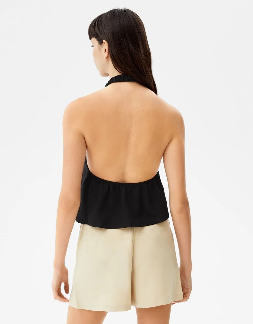 Cropped-Leinentop mit Neckholder · Schwarz