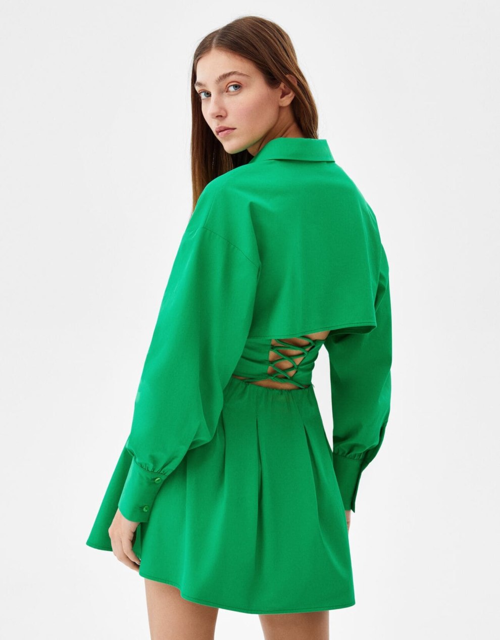 Minihemdkleid aus Popelin mit Corsage-Detail · Salbeigrün