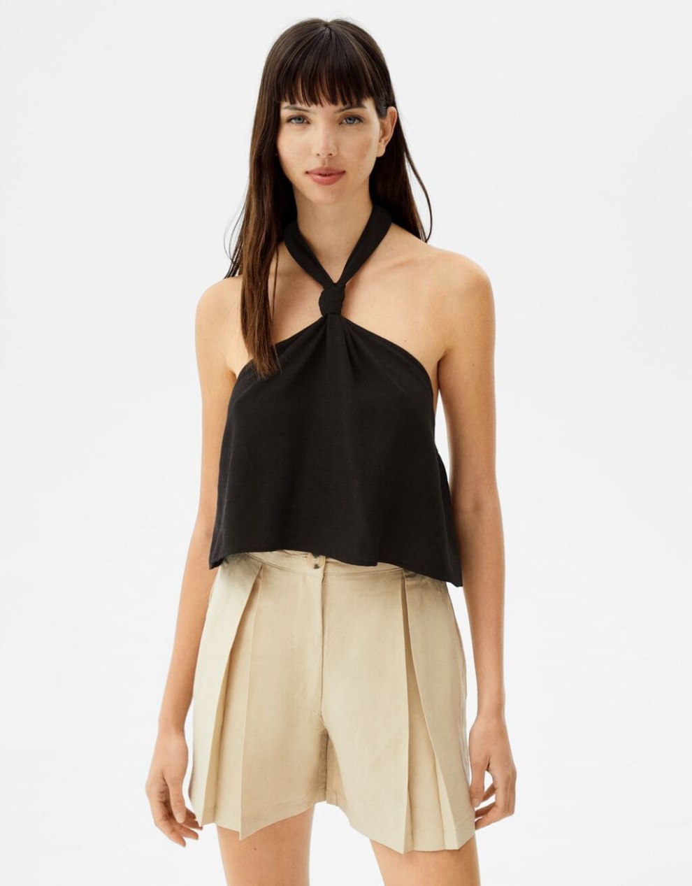 Cropped-Leinentop mit Neckholder · Schwarz